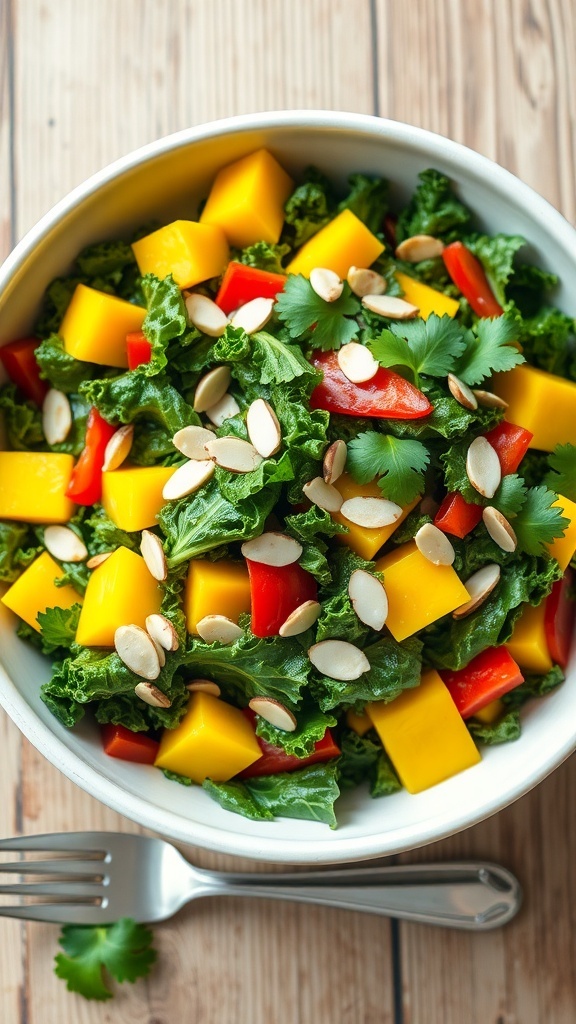A vibrant kale and mango salad with mango chunks, red bell pepper, and sliced almonds in a bowl on a wooden table.